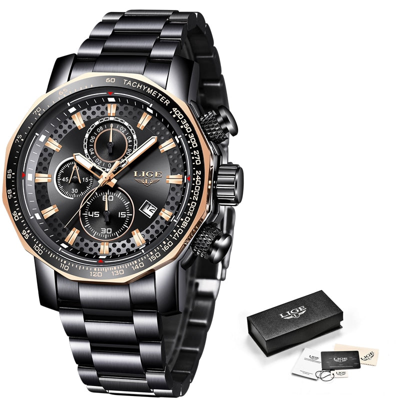 Relogio Masculino LIGE New Sport Chronograph Mens Watches Top Brand Luxury Full Steel Quartz Clock Waterproof Big Dial Watch Men