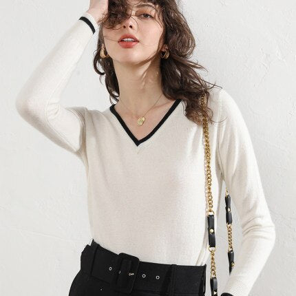 Hit Color Cashmere Cotton Blended V-Neck Sweater Women 2020 Autumn Winter Knitwear Jumper Pull Femme Pullover Sweater