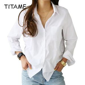 TITAME chemises Blouses femmes mode décontracté hauts femme col rabattu blanc ample à manches longues Blouse Ol Style chemise Simple haut