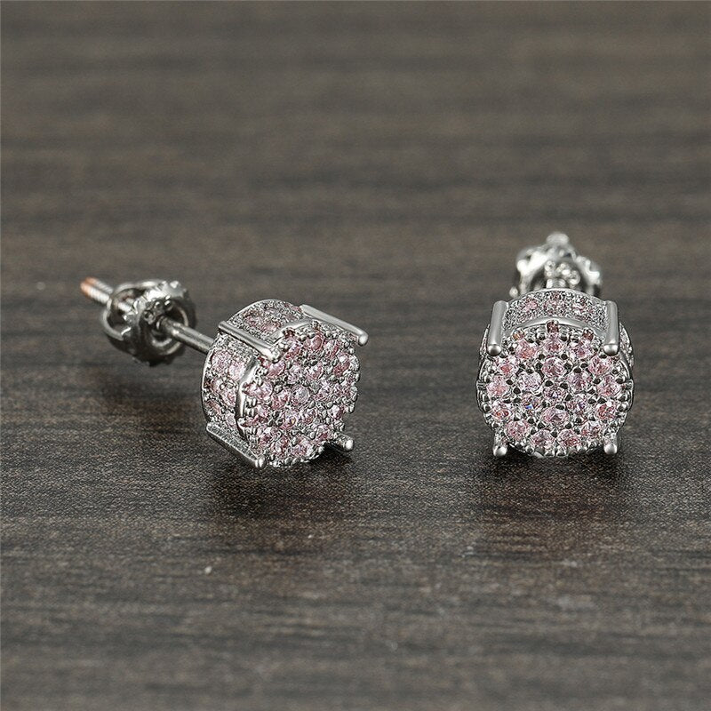Female Luxury Austria Crystal Screw Back Stud Earrings For Women White/Blue/Purple Round Zircon Hip Hop Earrings Wedding Jewelry