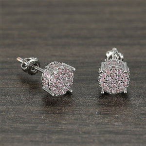 Female Luxury Austria Crystal Screw Back Stud Earrings For Women White/Blue/Purple Round Zircon Hip Hop Earrings Wedding Jewelry