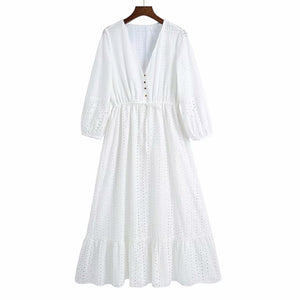 Women Summer ZA White V-Neck Dress 3/4 Sleeve Buttons Bow Tie Slim Casual Female Elegant Party A-Line Dresses Clothes Vestidos
