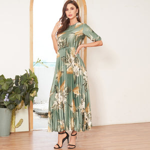 New Summer Women's Fashion Fresh Printed Pleated Loose Elastic Waist Beach Resort Ladies Style Dress
