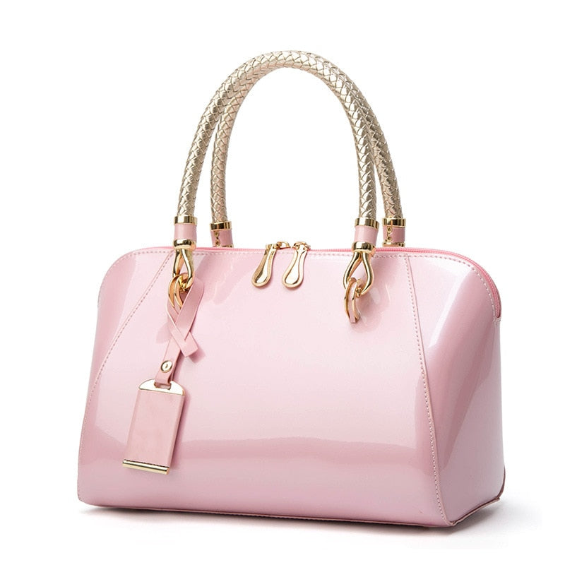 Women's Patent Leather Boston Bag Solid Color Large Capacity Handbag Casual Shoulder Diagonal Bag