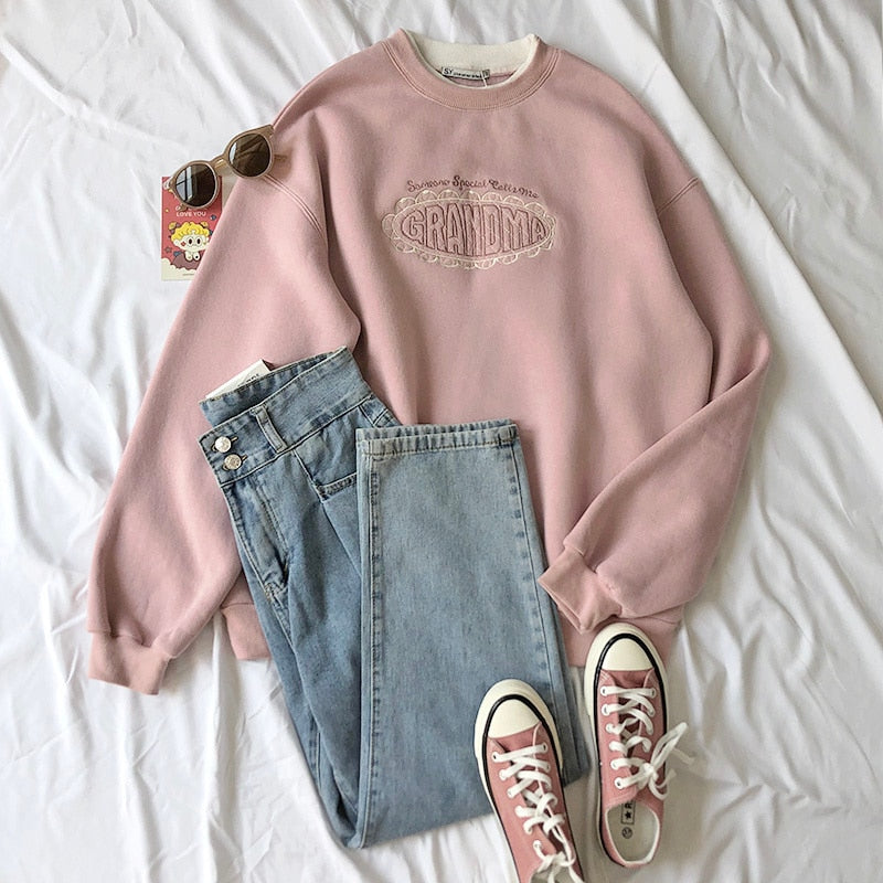 Mooirue Spring Women Pink Sweatshirt Letter Embroidery Thickening 2 In 1 Pullovers Tops