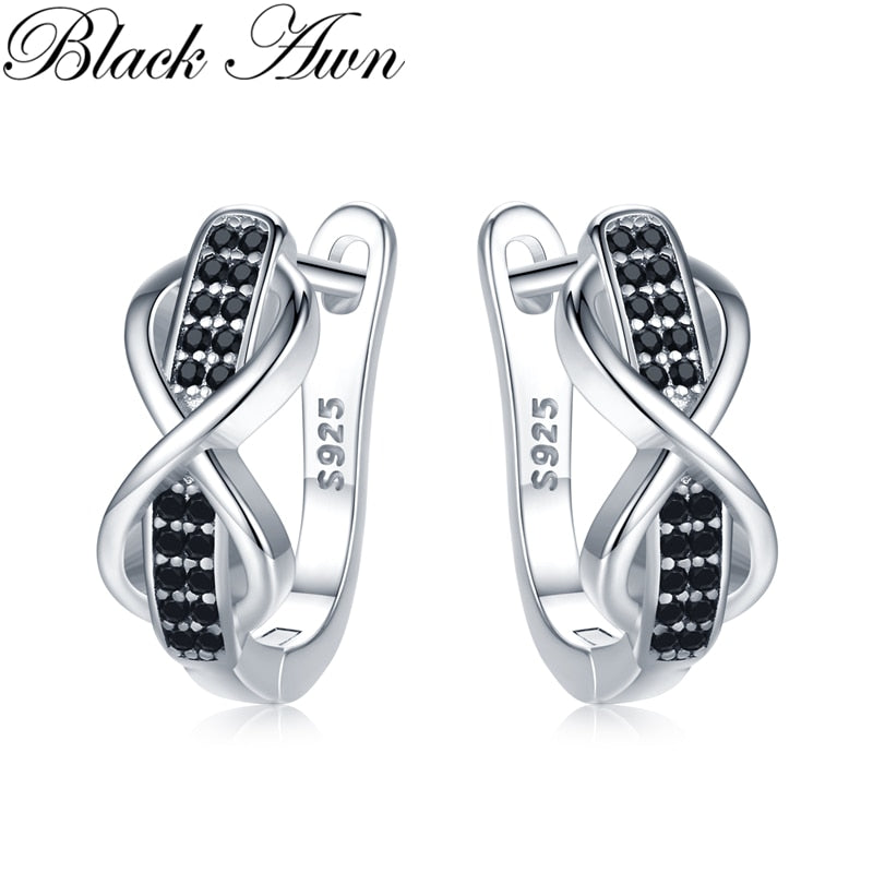 2020 Black Awn 925 Sterling Silver Round Black Trendy Spinel Engagement Bow Hoop Earrings for Women Fine Jewelry Bijoux I157