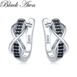 2020 Black Awn 925 Sterling Silver Round Black Trendy Spinel Engagement Bow Hoop Earrings for Women Fine Jewelry Bijoux I157