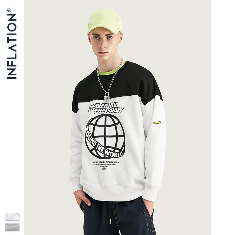 INFLATION 2020 FW Men Sweatshirt Fashion Hip Hop Male Sweatshirt With Earth Print Oversized Thick Fleece Couple Sweatshirt 9639W