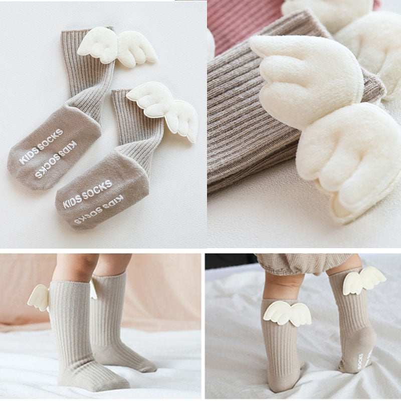 New Baby Girls Knee High Socks Angelwing Summer Autumn Cotton Socks Solid Candy Color Kids Toddler Short Socks for Children