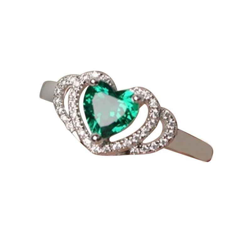 New Green Zircon Heart Ring Romantic Crystal Double Hearts Silver Finger Rings For Women Wedding Engagement Jewelry Bague Gifts