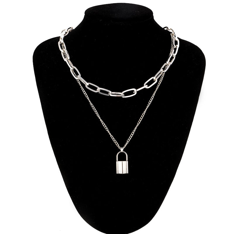 Double layer Lock Chain necklace grunge punk 90s link chain silver color padlock pendant necklace women aesthetic egirl jewelry