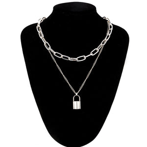 Double layer Lock Chain necklace grunge punk 90s link chain silver color padlock pendant necklace women aesthetic egirl jewelry
