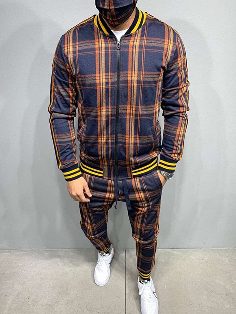New Colorful Plaid Men Casual Zipper Set Autumn Tracksuit Set Male Sweatshirt Pocket Fashion Jackets Men Tracksuit Sets Mens set