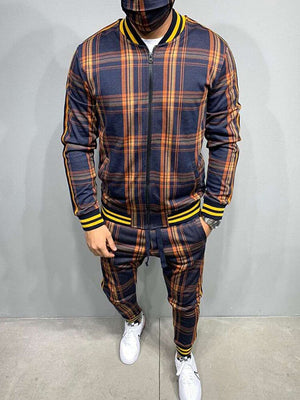 New Colorful Plaid Men Casual Zipper Set Autumn Tracksuit Set Male Sweatshirt Pocket Fashion Jackets Men Tracksuit Sets Mens set