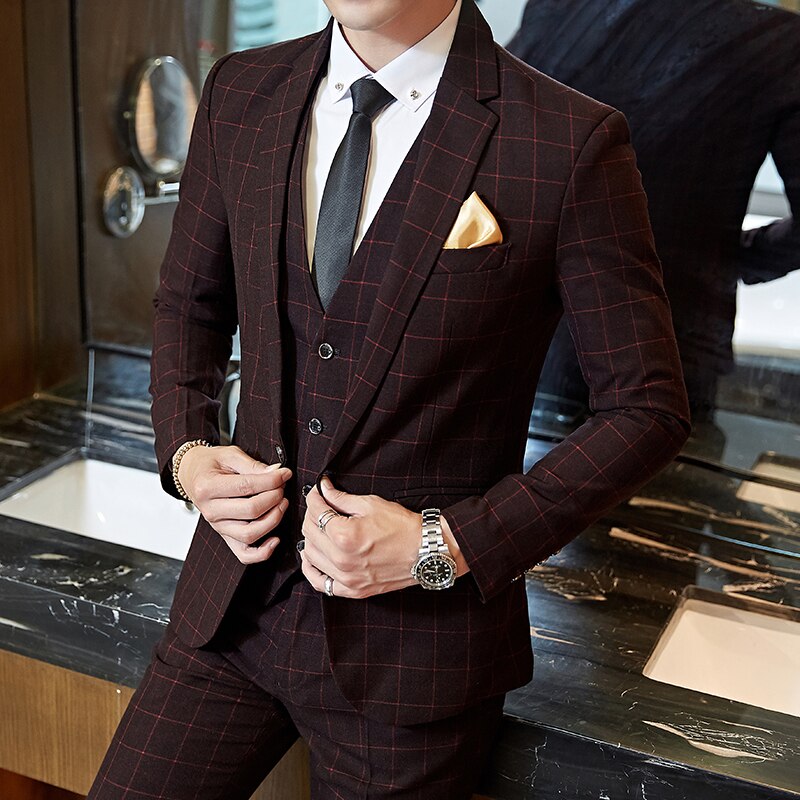 Men Slim Fit Plaid Suit 2pc set Male Wedding Groom Blazers Pants Man Formal Business Work Wear Suits Costume Homme