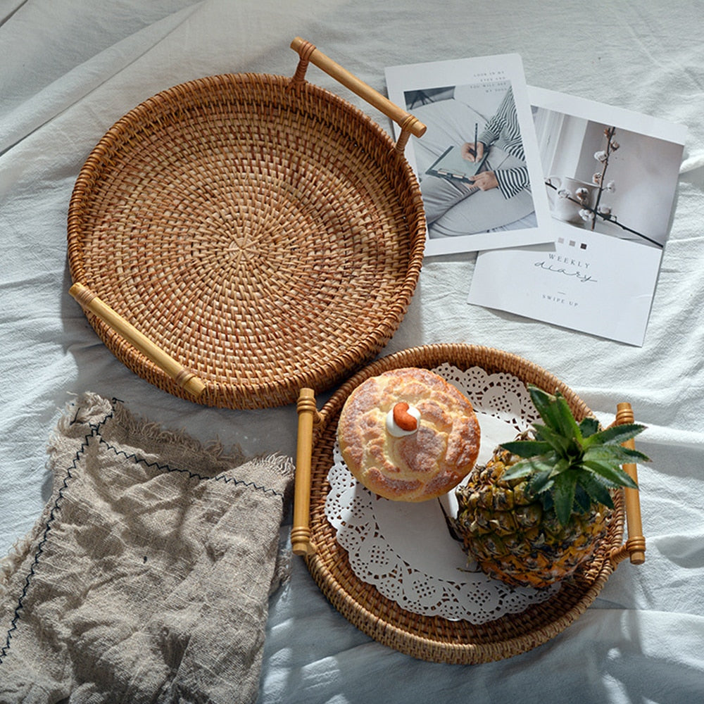 Rattan Storage Tray Round Basket with Handle Hand-Woven Rattan Tray Wicker Basket Bread Fruit Food Breakfast Display L