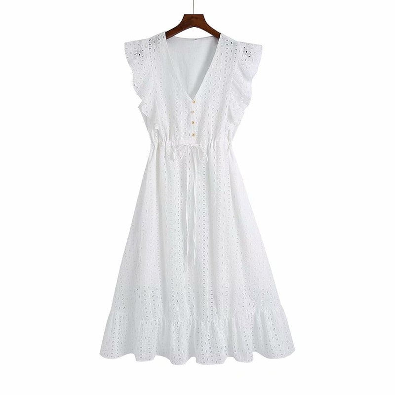 Women Summer ZA White V-Neck Dress 3/4 Sleeve Buttons Bow Tie Slim Casual Female Elegant Party A-Line Dresses Clothes Vestidos