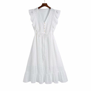Women Summer ZA White V-Neck Dress 3/4 Sleeve Buttons Bow Tie Slim Casual Female Elegant Party A-Line Dresses Clothes Vestidos