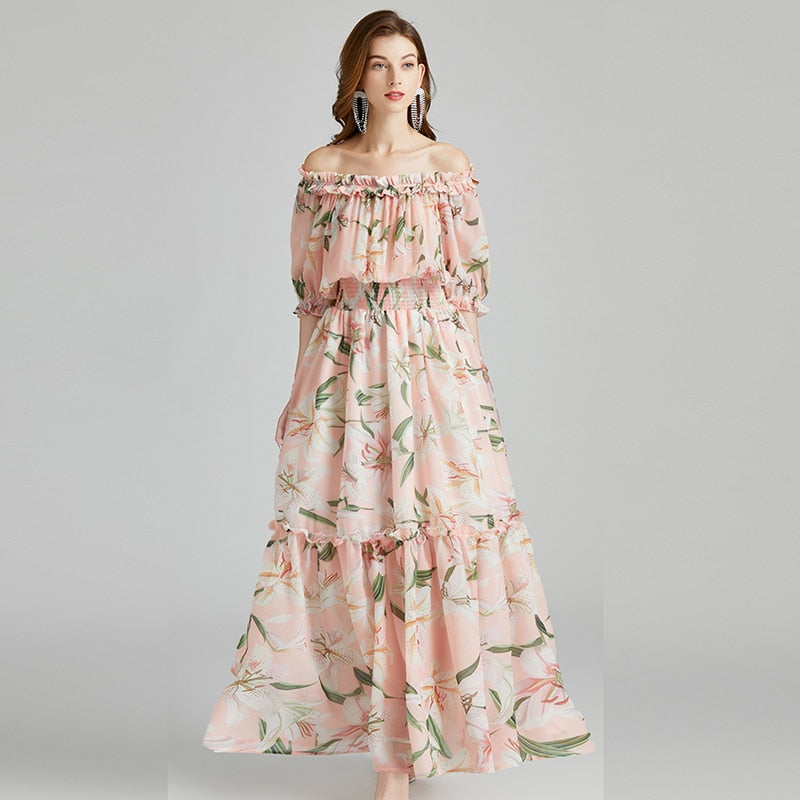 Runway Summer Vacation Dress Women Elegant Slash Neck Off Shoulder Tulip Floral Print Bohemian Lady Long Maxi Dress N7397