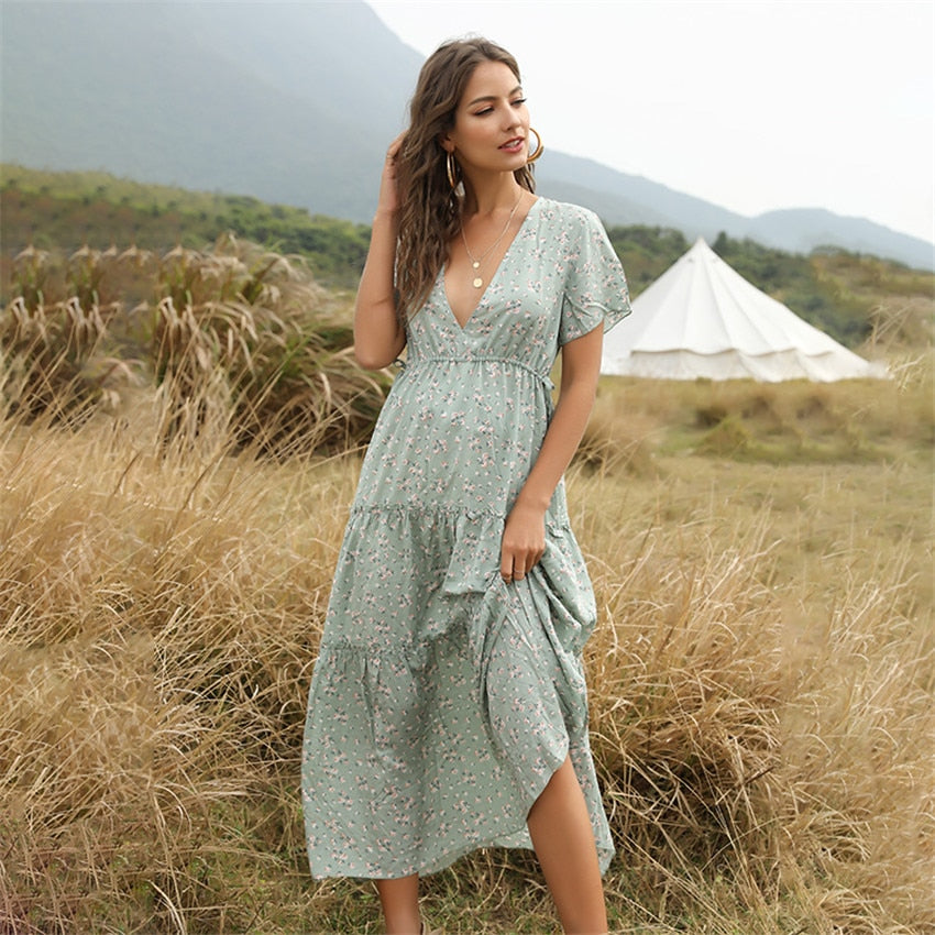2020 Summer Beach Holiday Dress Women Casual Floral Print Elegant  Boho Long Dress Ruffle Short-Sleeve V-neck Sexy Party Robe