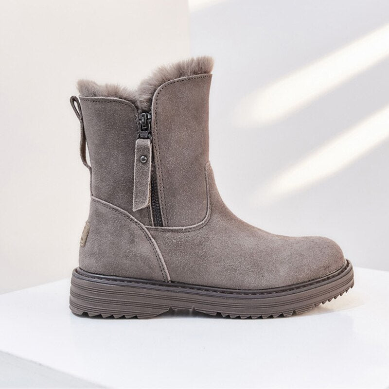2020  Genuine Leather Winter Zipper Fur Warm Plush Ankle Snow Boots With Platform Low Heels Short Booties Women Flat Shoes