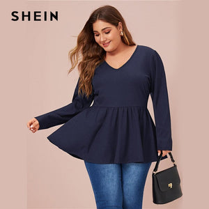 SHEIN Plus Size V Neck Peplum Tee Solid Top Women Spring Autumn Long Sleeve Oversized Stretchy Casual T-shirts