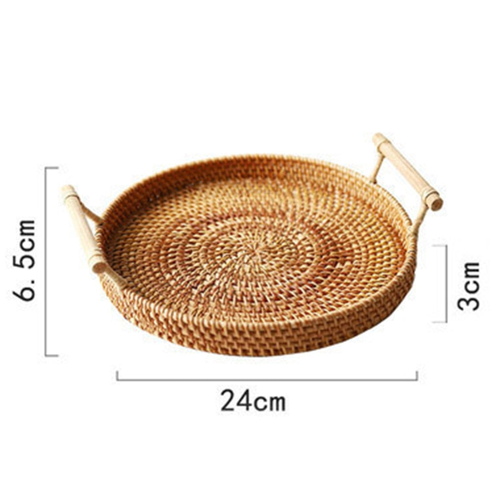 Rattan Storage Tray Round Basket with Handle Hand-Woven Rattan Tray Wicker Basket Bread Fruit Food Breakfast Display L