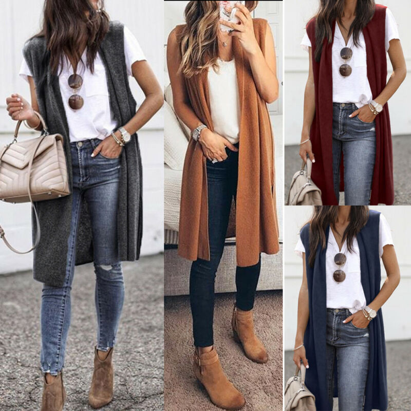 Women Sleeveless Solid Coat Vest Open Front Pocket Jacket Kimono Ladies Cardigan Outwear