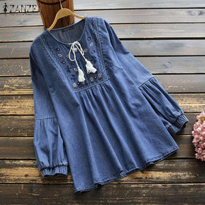 Elegant Denim Blue Shirts Womens Embroidery Blouse 2021 ZANZEA Tassel Puff Sleeve Blusas Female Casual Floral Tops Plus Size