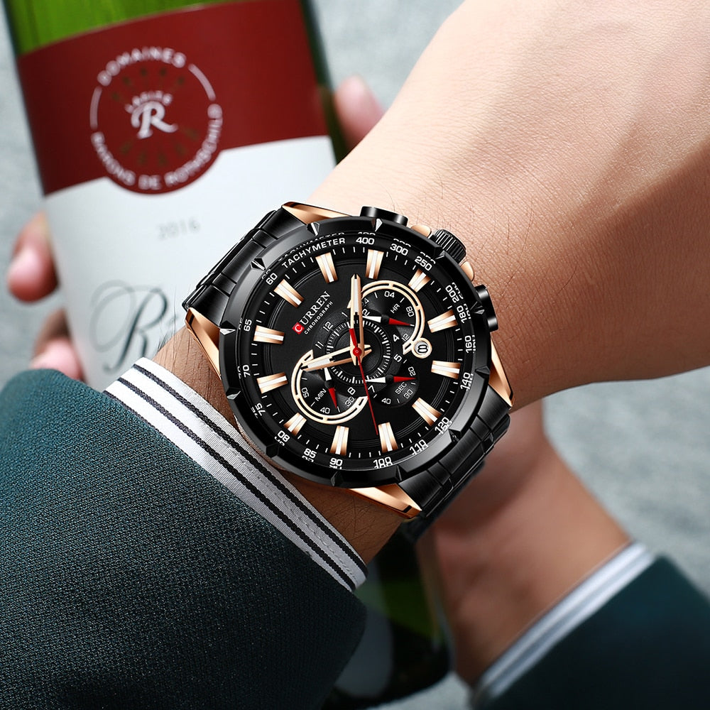 CURREN New Causal Sport Chronograph Men's Watch Stainless Steel Band Wristwatch Big Dial Quartz Watches with Luminous Pointers
