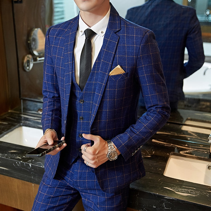 Men Slim Fit Plaid Suit 2pc set Male Wedding Groom Blazers Pants Man Formal Business Work Wear Suits Costume Homme