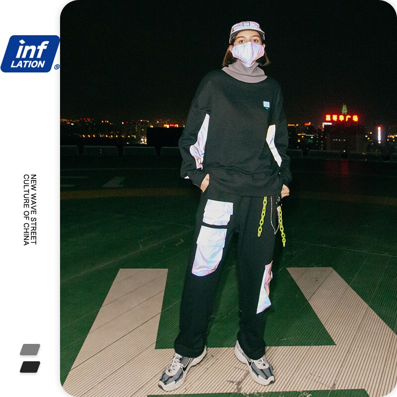 INFLATIONLaser Reflective Patched Hip Hop Tracksuit Men Streetwear High Collar Sweatshirt And Sweatpant Set Men Two Piece Outfit