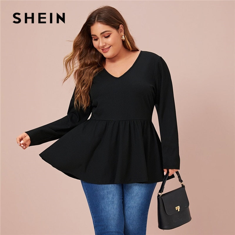 SHEIN Plus Size V Neck Peplum Tee Solid Top Women Spring Autumn Long Sleeve Oversized Stretchy Casual T-shirts