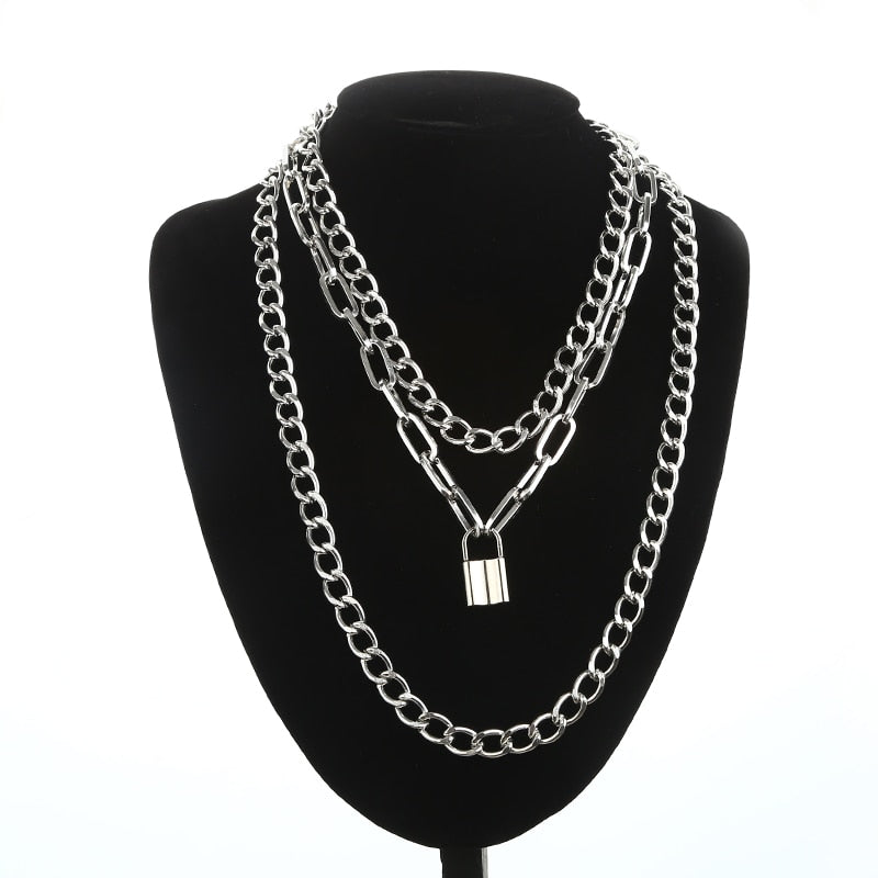 Double layer Lock Chain necklace grunge punk 90s link chain silver color padlock pendant necklace women aesthetic egirl jewelry