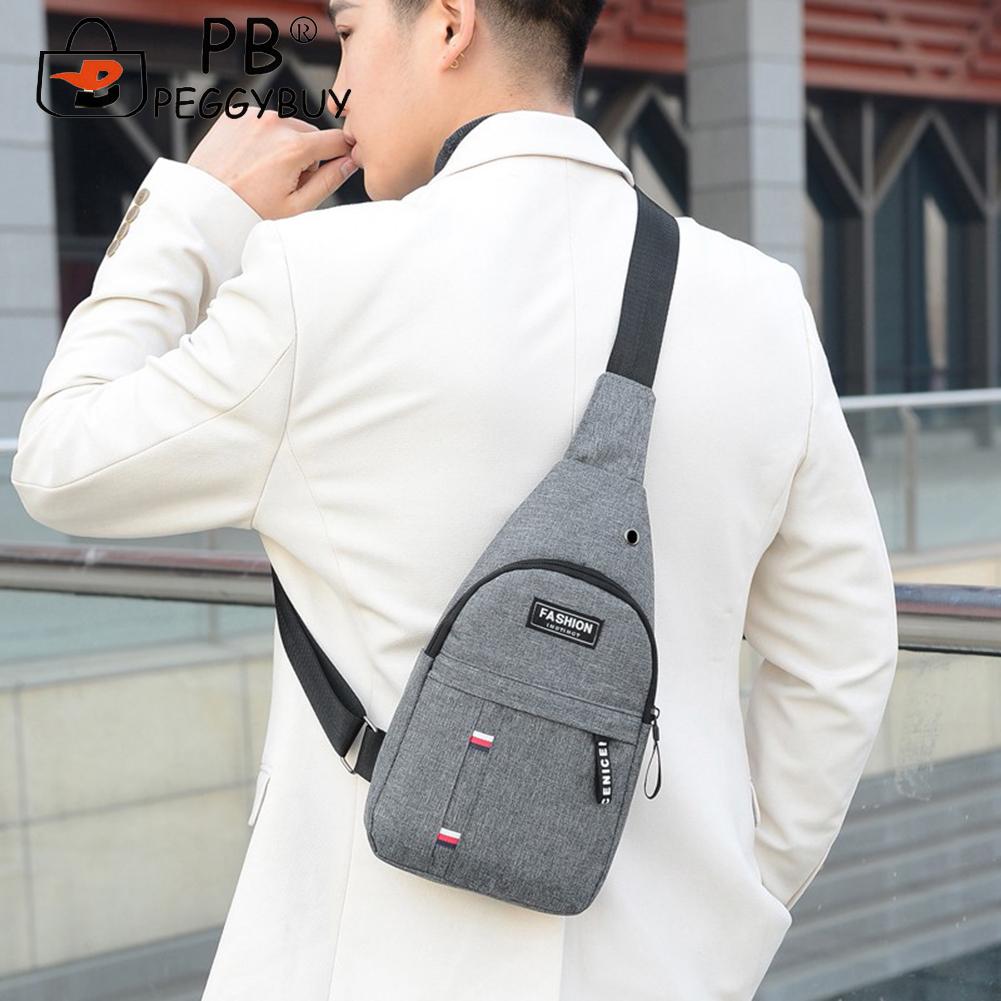 Fashion Men Solid Color Shoulder Crossbody Chest Bag with Earphone Hole Portable Nylon Travel Large Capacity Zipper Handbags