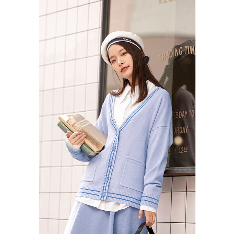 INMAN 2020 Autumn Winter New Arrival Deep V-stripe Rib Pocket Long Sleeve Knit literature Cardigan Sweater