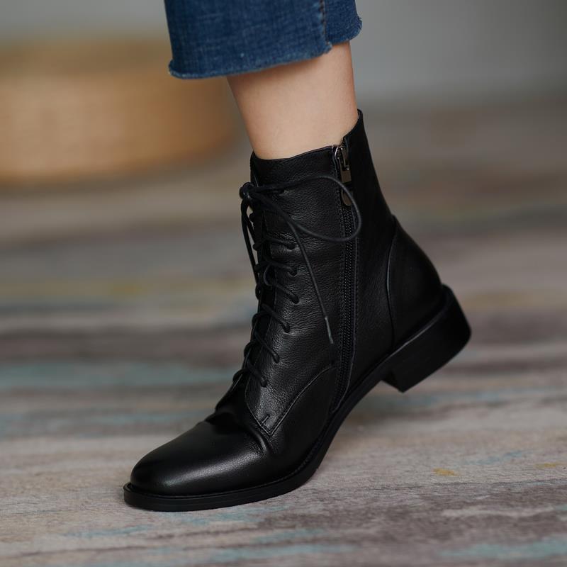 Leather Martn Boots Women's 2020 New Black Low-heeled Thick-heeled British Style Spring Autumn Short Boots Single Boots Shoes