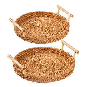 Rattan Storage Tray Round Basket with Handle Hand-Woven Rattan Tray Wicker Basket Bread Fruit Food Breakfast Display L