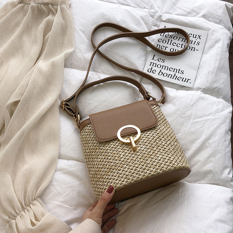 Small Straw Bucket Bags For Women 2021 Summer Crossbody Bags Lady Travel Purses and Handbags Female Shoulder Simple Bag