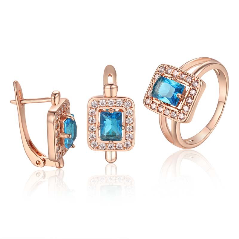 FJ Big Sales 3 Style Women Blue/White Stone Jewelry Sets 585 Gold Color Cubic Zircon Flowers Earrings+Rings Jewelry