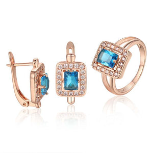 FJ Big Sales 3 Style Women Blue/White Stone Jewelry Sets 585 Gold Color Cubic Zircon Flowers Earrings+Rings Jewelry