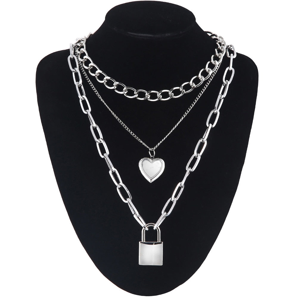 Double layer Lock Chain necklace grunge punk 90s link chain silver color padlock pendant necklace women aesthetic egirl jewelry
