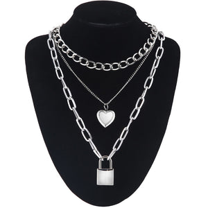 Double layer Lock Chain necklace grunge punk 90s link chain silver color padlock pendant necklace women aesthetic egirl jewelry