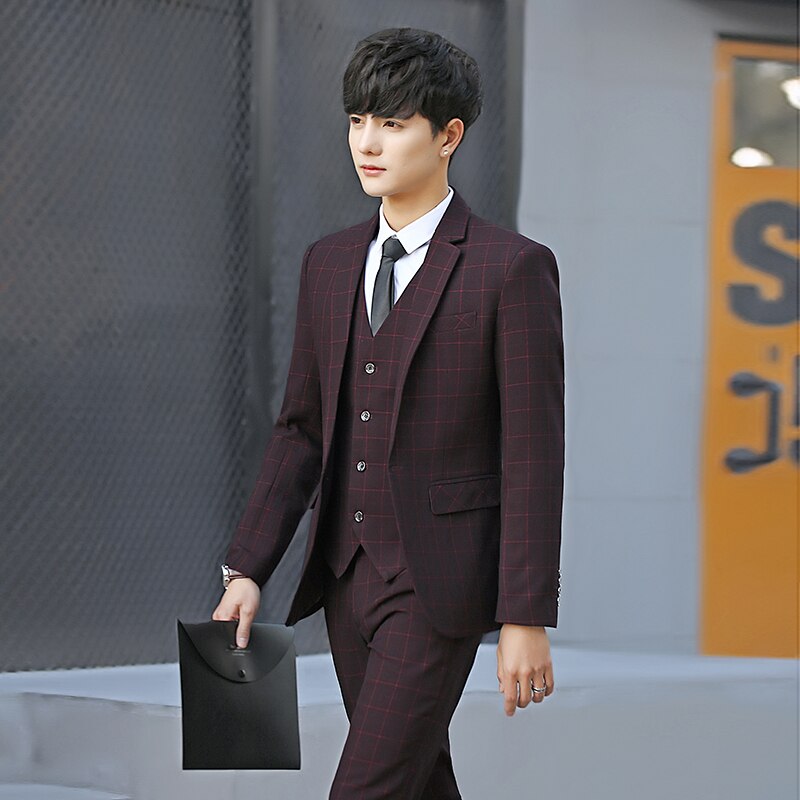 Men Slim Fit Plaid Suit 2pc set Male Wedding Groom Blazers Pants Man Formal Business Work Wear Suits Costume Homme