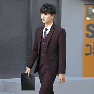 Men Slim Fit Plaid Suit 2pc set Male Wedding Groom Blazers Pants Man Formal Business Work Wear Suits Costume Homme