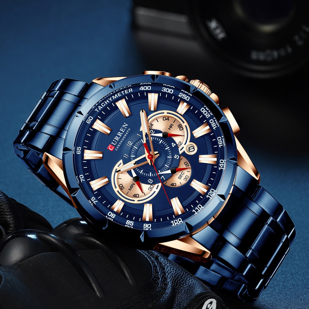 CURREN New Causal Sport Chronograph Men's Watch Stainless Steel Band Wristwatch Big Dial Quartz Watches with Luminous Pointers