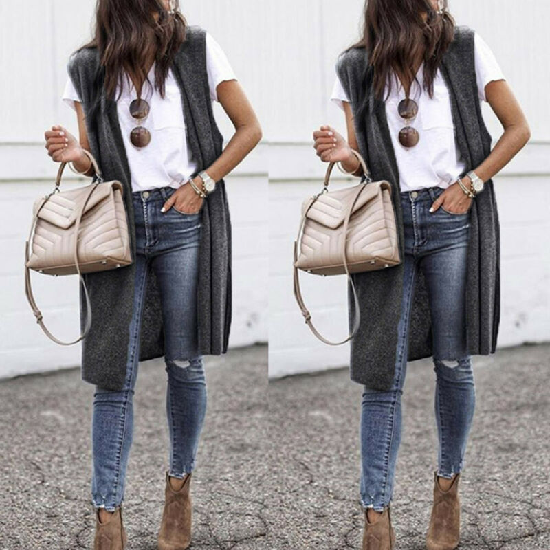 Women Sleeveless Solid Coat Vest Open Front Pocket Jacket Kimono Ladies Cardigan Outwear