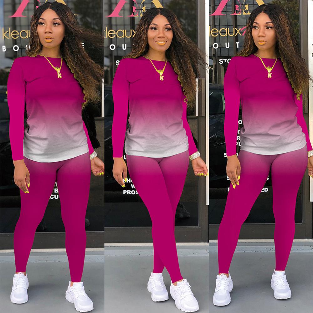 Wjustforu deux pièces ensemble femmes mode dégradé imprimé moulante survêtement à manches longues haut + motard Joggers pantalon tenues femme
