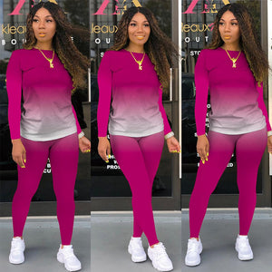 Wjustforu deux pièces ensemble femmes mode dégradé imprimé moulante survêtement à manches longues haut + motard Joggers pantalon tenues femme