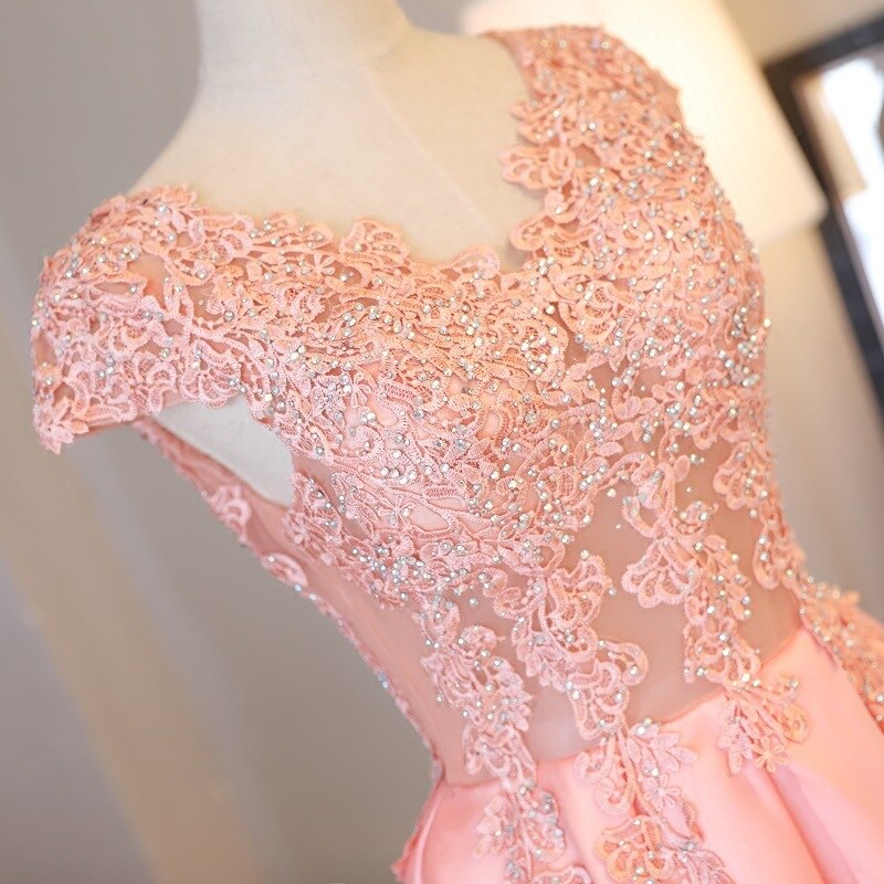 Beauty Emily Gorgeous 2020 Long Lace Appliques Pink Evening Dresses V Neck Sleeveless Pleated Prom Gown For Ceremony Party Dress